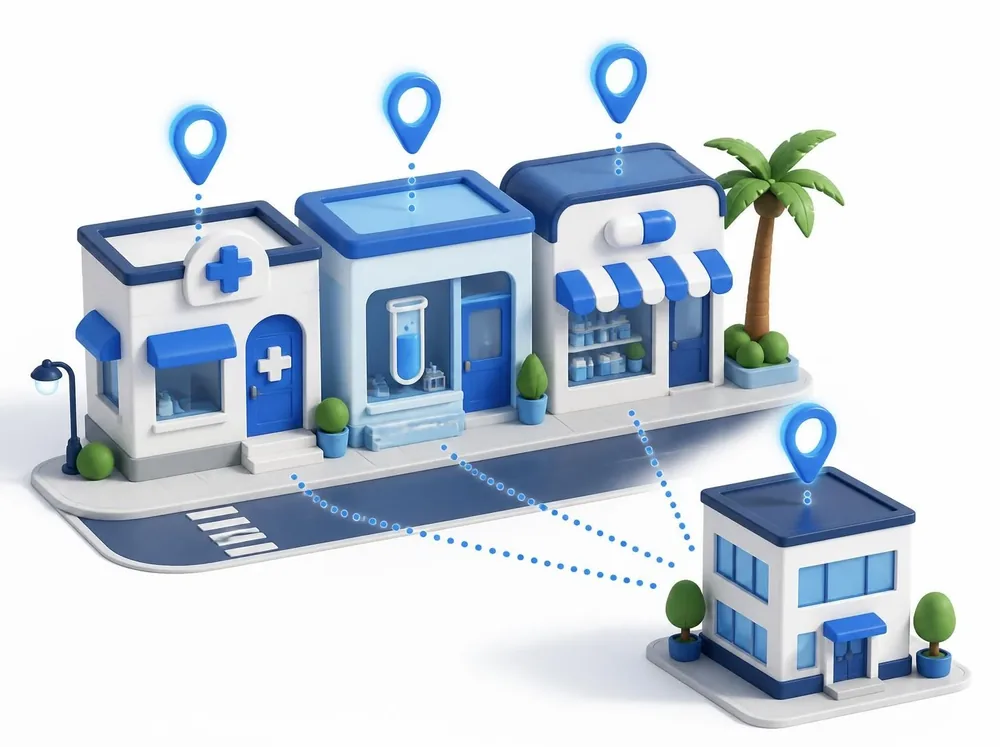 A doctor's office, a laboratory and a pharmacy connected with blue pins to a nearby agency