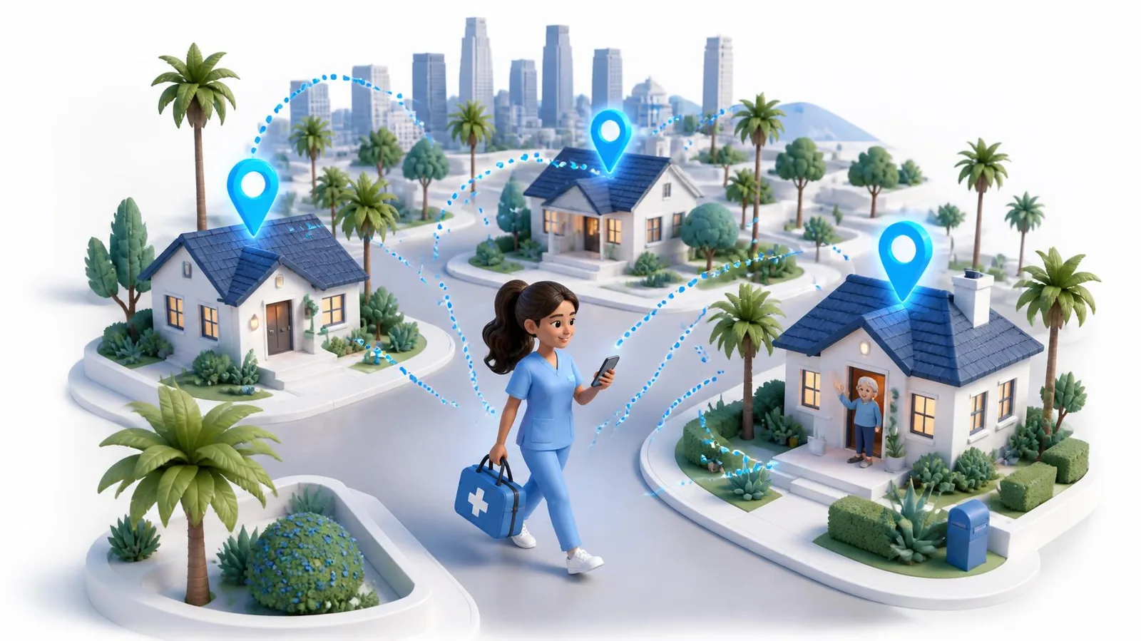 A ProfMed professional walking through a Los Angeles neighborhood to the patients' homes, each marked with a blue pin