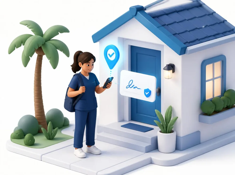 A professional checks in at the patient's front door; the visit is recorded with a signature